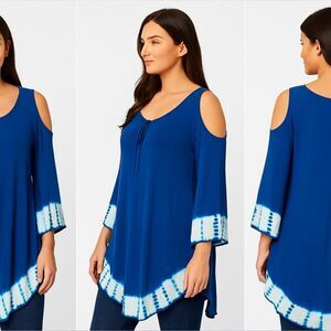 Lucky & Coco Blue Tie Dye Scoop Neck Tunic Women's Sz Large Long Sleeve Neck Tie